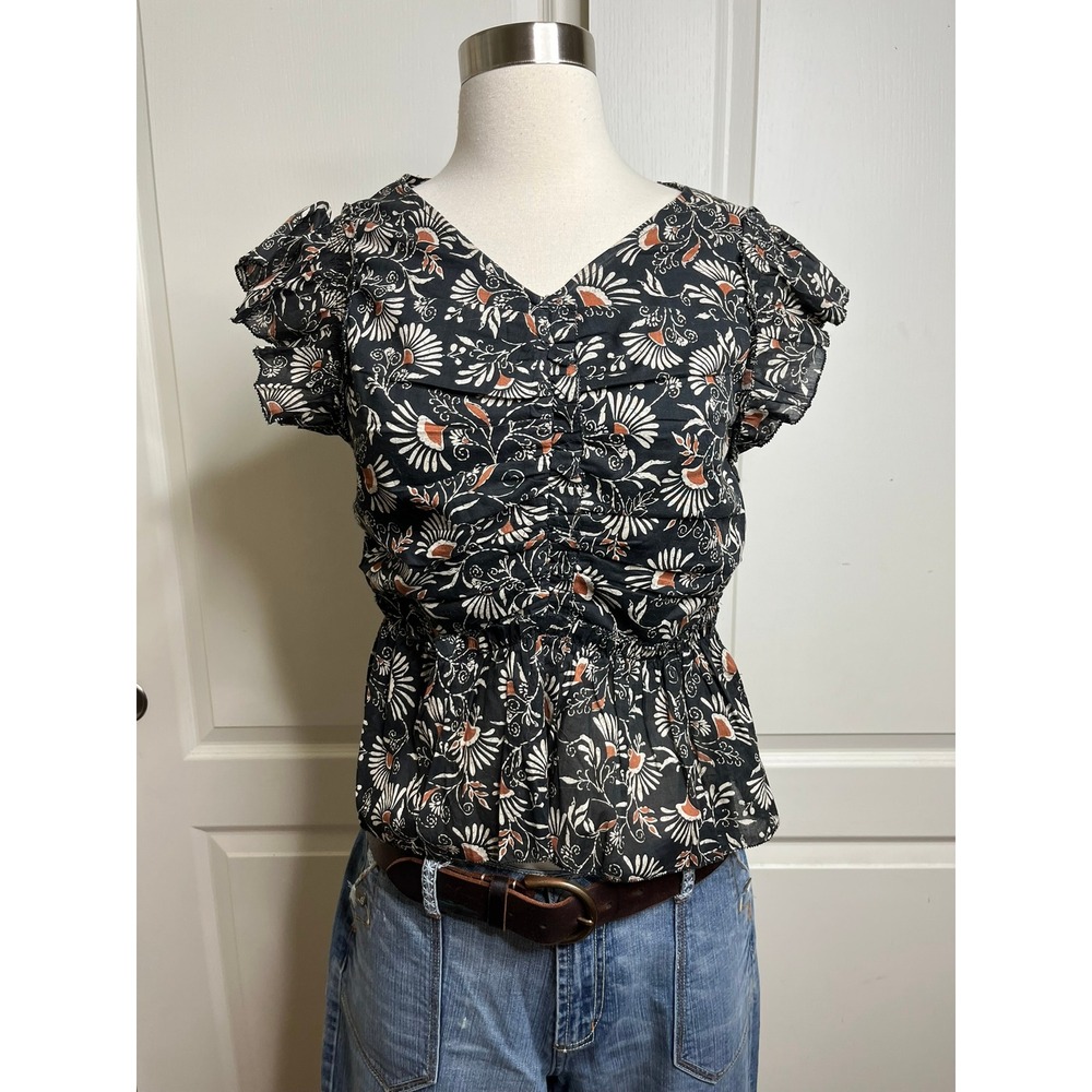 Rails Women Small Black Floral Ruched Peplum Flutter Sleeve Cotton Top Blouse